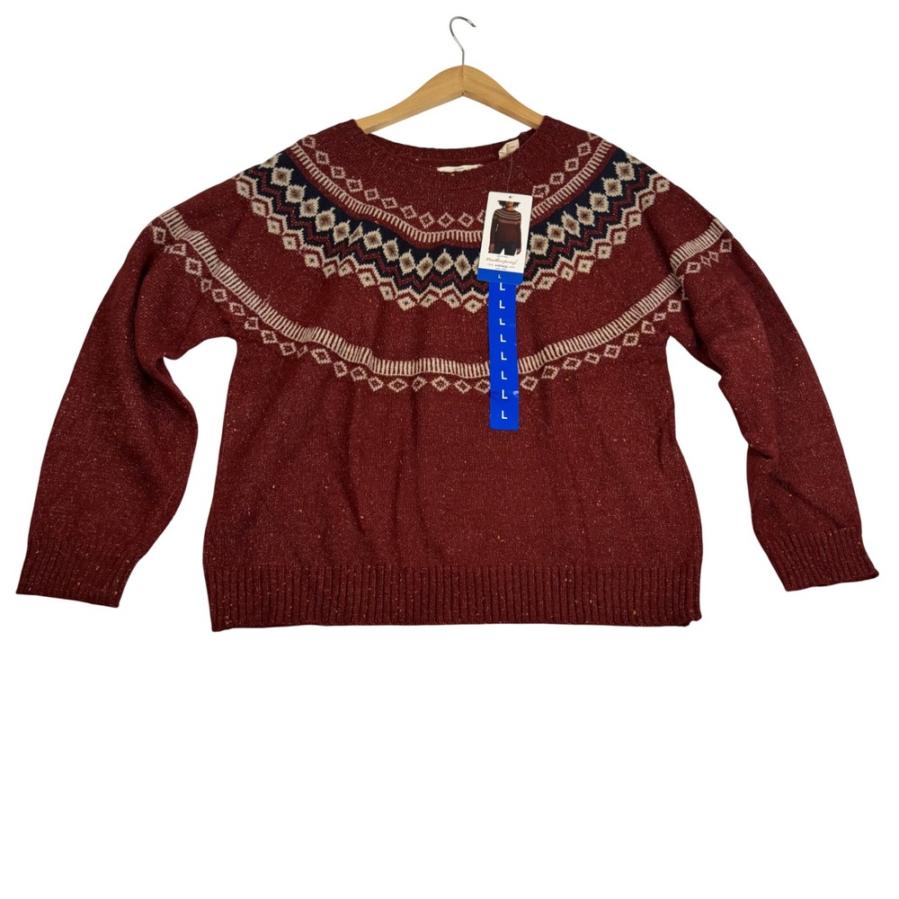 Weatherproof Vintage Mens Large Burgundy Red Fair Isle Yoke Speckled Sweater NEW